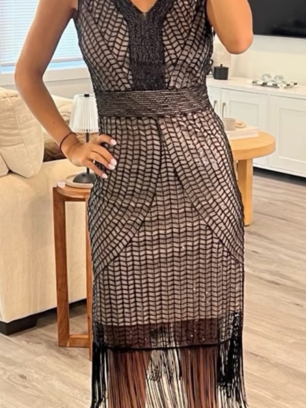 Vintage-Inspired Black and Gold Fringe Flapper Dress